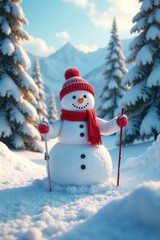 Snowman amidst frozen trees with ski poles and ice skates, frostbitten woods, solitary snowman, snowy forest