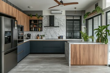 Modern Kitchen Design with Marble and Wood Elements in Bright Space