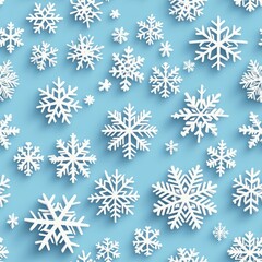 Seamless pattern featu varying sizes of white paper-like snowflakes gracefully scattered over a soft light blue background for winter designs