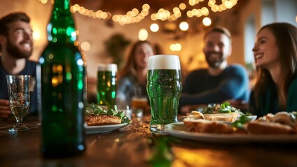 Green Beer Friends Festive Gathering Enjoying Drinks Food