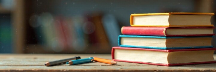 Stacked books with colored pens and pencils scattered around, scribbled, art supplies, books