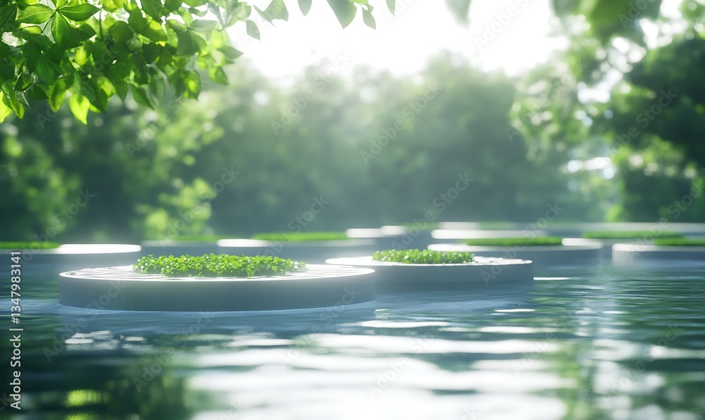 Aufkleber A serene water scene featuring floating circular platforms adorned with greenery, surrounded by lush foliage in a tranquil setting.