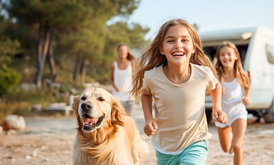 Happy smiling girl running next to golden retriever dog towards the camera against a blurred background of a travel van and her sister and mother during their summer weekend.