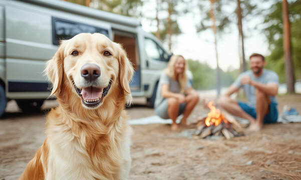 Portrait of a cute golden retriever dog against the background of a travel van and its owners relaxing in a beautiful wild nature on a summer weekend.