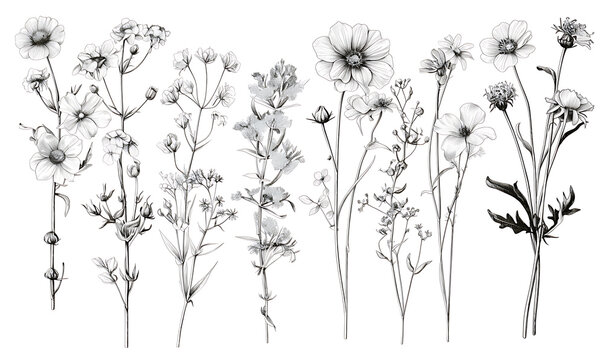 Creative 2D Doodle Floral Illustrations on White Background