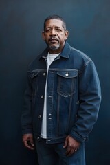Obraz premium A middle aged man poses wearing a denim jacket in a portrait