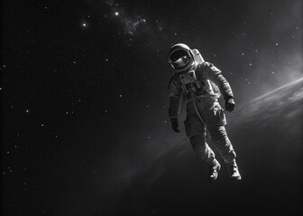 Fototapeta premium An astronaut floating in space in black and white photography in blak backgraund