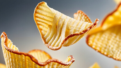 Fresh golden yellow potato chips flying in the air. Food advertisement concept for banner, templates, design, poster, illustration. Abstract background
