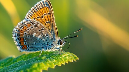 Obraz premium A colorful butterfly rests on a green leaf in sunlight