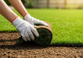 Gardener installing fresh sod roll in garden on sunny day, garden, installation, green
