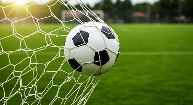 Soccer ball in goal netting - victory and achievement - sports-themed marketing or sporting event coverage