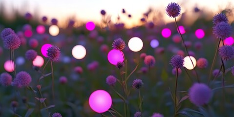 A field of purple globe thistle flowers with glowing orbs at sunset twilight time