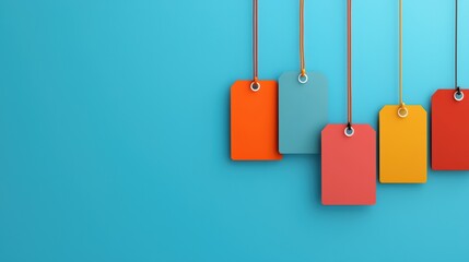 Colorful price tags hanging against a blue background