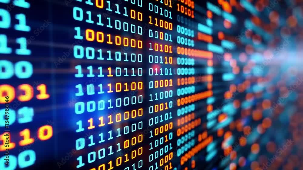 Poster vibrant digital data processing glowing binary code and information flow in technologys futuristic d