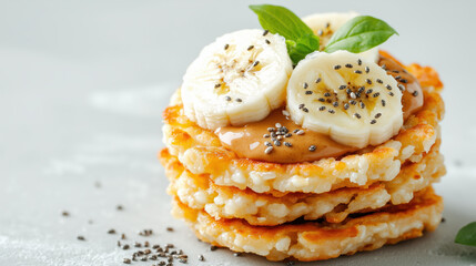 Healthy snack with rice cakes, banana, nut butter, and chia seeds
