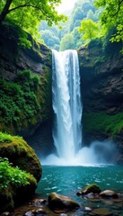 Obraz premium Waterfall with lush greenery, forest, foliage, landscape