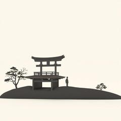 Naklejka premium Traditional Japanese architecture silhouette with figures and trees on a minimalistic background