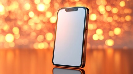 A sleek smartphone stands against a bokeh orange background