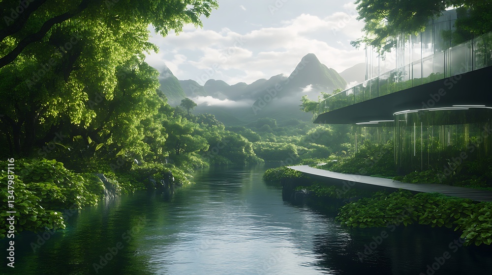 Aufkleber a serene landscape featuring lush greenery, a calm river, and mountains under a cloudy sky, showcasi