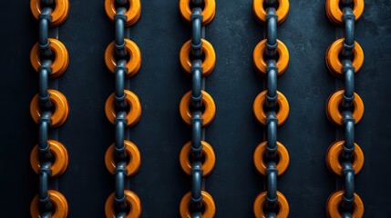 Fototapeta premium Industrial close-up of interlinked chains with orange accents