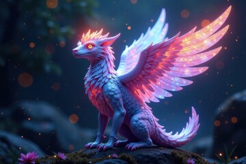 Fototapeta premium Winged creature with iridescent feathers and glowing aura, creatures, magic, mythical