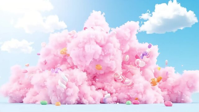 Sweets Floating Around a Pink Cloud Against Blue Sky Background