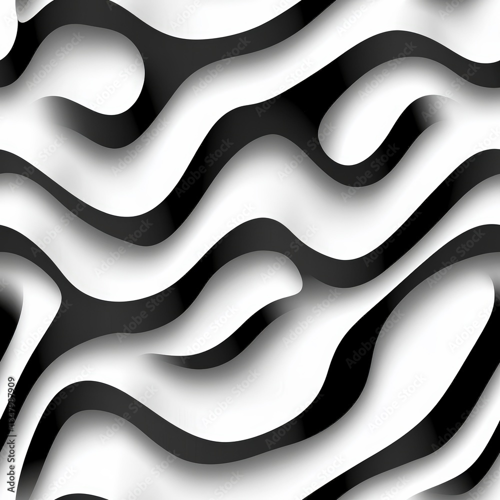 Aufkleber abstract seamless pattern of undulating black lines on white background, creating three-dimensional 