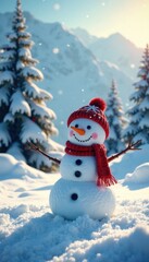 Fototapeta premium winter scene with happy snowman in panoramic view , snow-covered hills, joyful snowman, snowy landscape