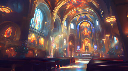 Obraz premium A digitally painted artwork depicting the majestic interior of a grand cathedral.