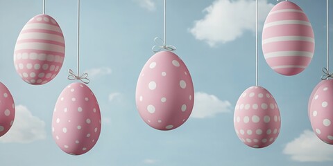 Pastel pink easter eggs hanging against a light blue sky with fluffy white clouds