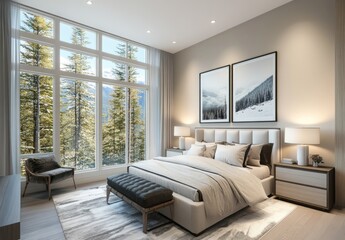A luxurious modern bedroom showcases a mountain view through expansive windows