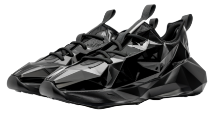 Pair of black futuristic geometric sneakers with transparent background