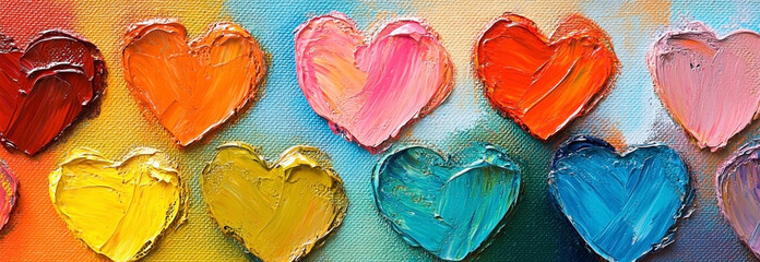 Colorful Hearts Painted on Canvas with Palette Knife and Thick Texture for Valentine's Day