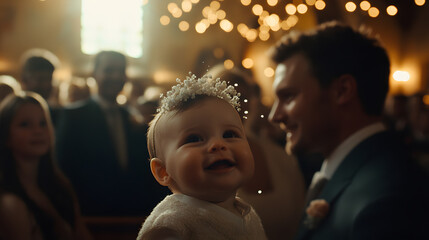 A smiling baby girl wearing a flower crown at a wedding ceremony. The background is softly blurred, showing other wedding guests and warm lighting.  A man's profile is visible.
