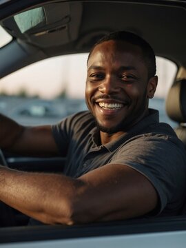 Happy black man smiling at the camera from a car