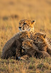Naklejka premium Portrait of a cheetah family in the grassland