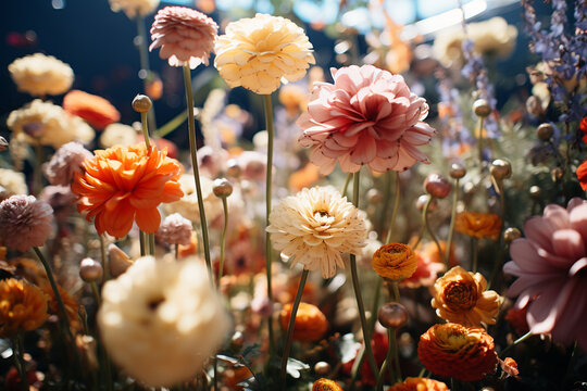 enchanting allure of a garden adorned with untamed blossoms, displaying an exuberant symphony of hues, forms, and surfaces that exalt multiplicity of botanical life