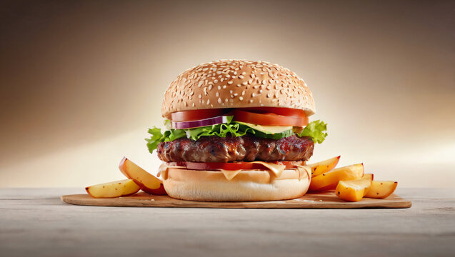 Fresh crips tasty delicious melted cheese meat burger with lettuce, onion, steak, beef, patty, cucumber, sauce with french fries advertising. Food concept for advertisement