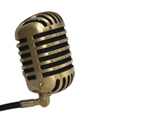 Vintage gold microphone on a white background, showcasing retro design elements and classic appeal, perfect for music or performance themes.