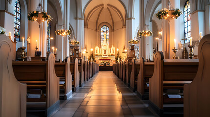 Fototapeta premium Empty church interior with wooden pews, lit candles, and festive wreaths.
