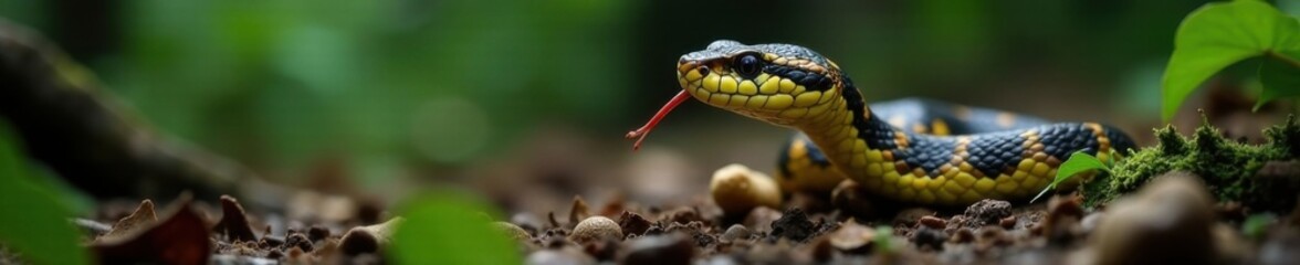 Obraz premium Viper snake's forked tongue flicks in and out slowly on humid forest floor, wildlife, camouflage