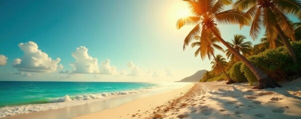 Fototapeta premium Warm sandy beach with vintage palm trees and film-style sun flare, beach, sunset