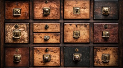 Antique wooden drawers, storage, close-up, vintage background, texture