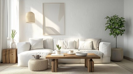 Fototapeta premium Scandinavian style living room a minimalistic white couch wooden coffee table and soft lighting modern and cozy