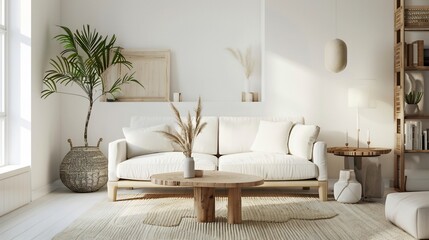 Scandinavian style living room a minimalistic white couch wooden coffee table and soft lighting modern and cozy