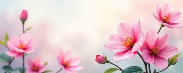Fototapeta premium Watercolor flowers blooming on a serene spring background with soft pink hues and gentle foliage , greenery, fresh start