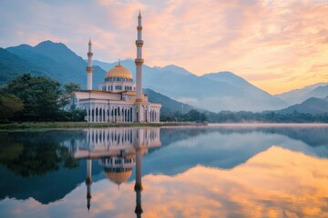 Obraz premium Serene Reflection of Mosque Under Colorful Sunrise Sky