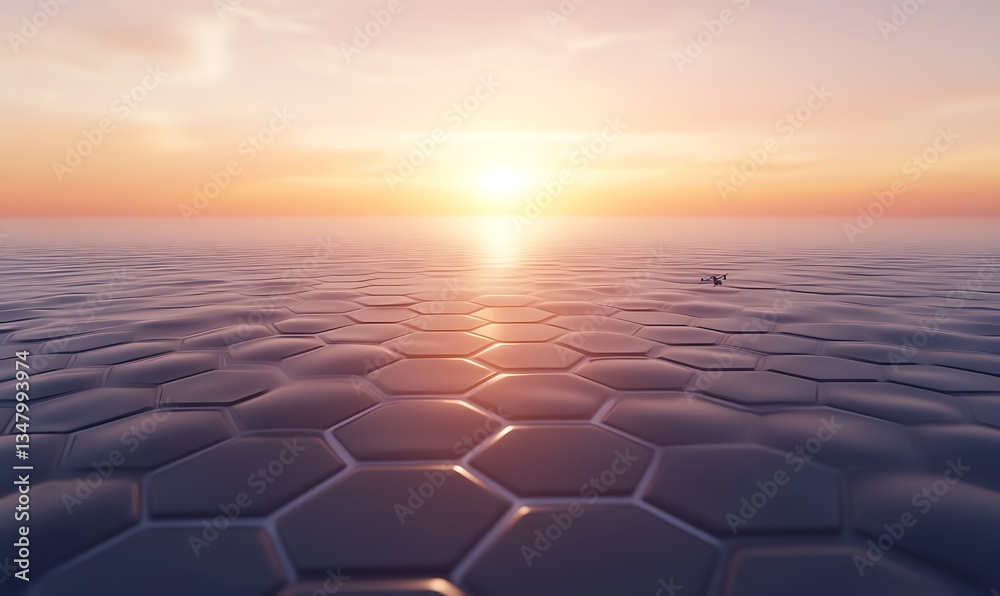 Aufkleber A serene sunset over a hexagonal pattern, reflecting light on the surface, creating a tranquil and captivating atmosphere.