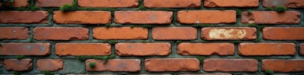 Obraz premium Weathered brick wall texture with worn mortar and moss growth, white, brick, grunge