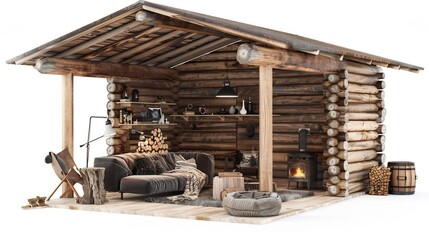 Fototapeta premium Side perspective of rustic wooden cabin living room warm firewood tones cozy furnishings soft lighting white isolated background